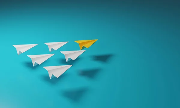 黄色い紙飛行機のリーダーシップは白い飛行機のグループを導く チームビジネスと組織内のリーダーシップ管理を表示します 3Dレンダリング図 — ストック写真