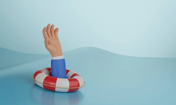 Drowning businessman receives a lifebuoy in his arm against the sea waves. business helper survival business helper survival. 3d render illustration.