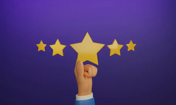 満足度評価業務評価 紫の背景に5つ星の真ん中に黄色い星を持つビジネスマンの手 3Dレンダリング図 — ストック写真