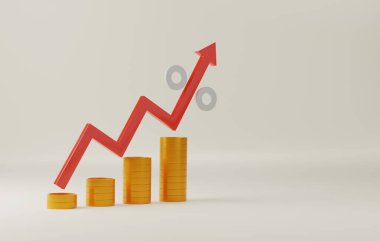 Yukarıyı gösteren kırmızı ok ve beyaz arka planda büyüyen bozuk para yığını. Ticari kar artışı ya da finansal faiz oranlarının yükseltilmesi. 3d resimleme