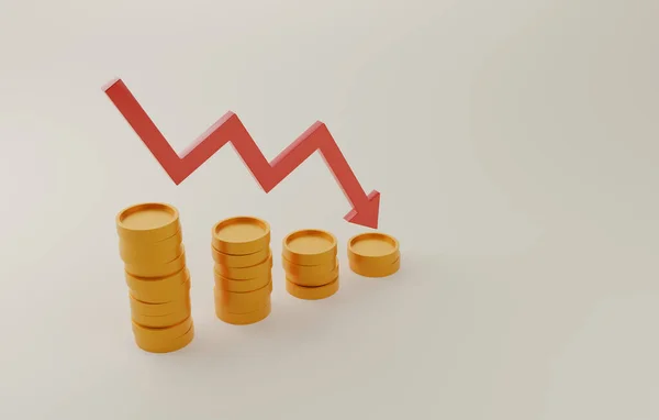Gráfico Flecha Roja Apuntando Hacia Abajo Con Montón Monedas Cayendo —  Fotos de Stock