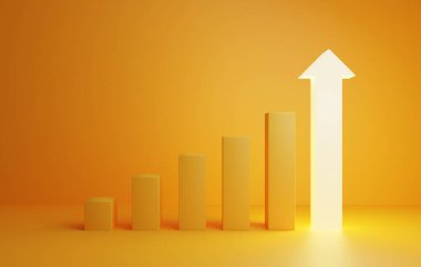 Sarı merdiven büyüyen bar çizelgesi ve turuncu arka planda parlayan büyüyen bir ok çubuğu. Büyüyen iş başarısını gösteriyor. 3d resimleme.