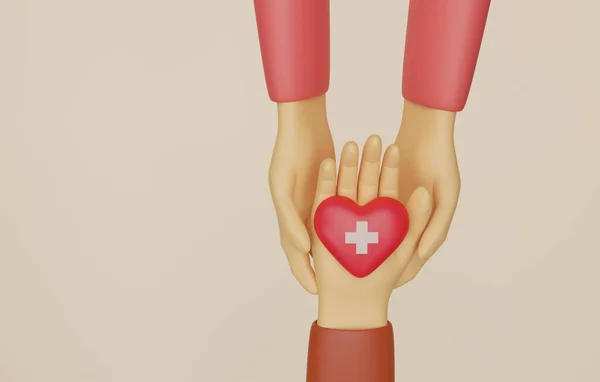 Hand Holding Heart Red Cross Symbol Holding Another Pair Hands — Stockfoto