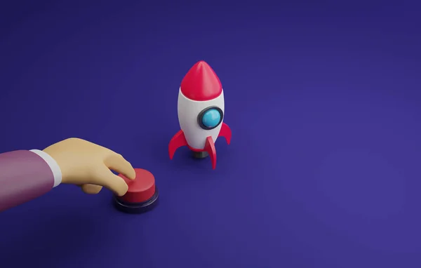 Empresario Mano Pulsando Botón Inicio Cohete Rojo Lanzamiento Fondo Púrpura —  Fotos de Stock