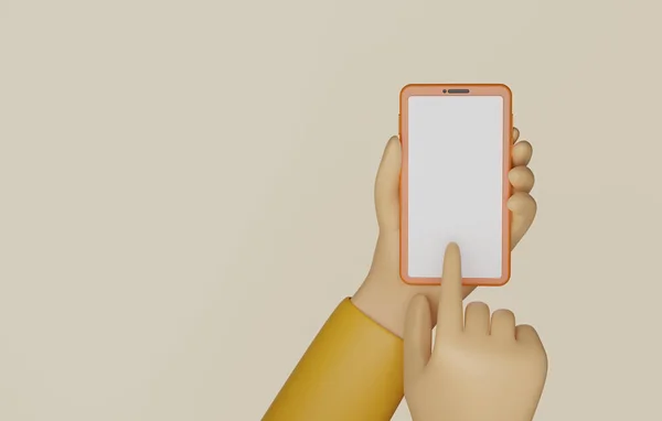 Hand holding a smartphone with a white screen hand touching the screen with fingers white background. 3d render illustration
