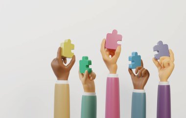 Group of business people holding puzzles on a white background. Cooperation or business partner teamwork working together Business help and support. 3D render illustration.