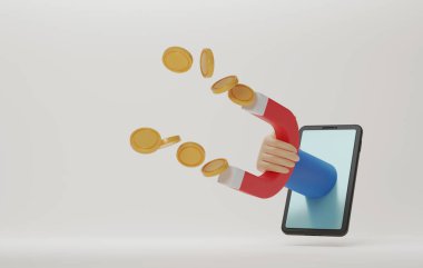 Mıknatıs tutan bir işadamı akıllı telefonunda çok sayıda altın para çeker. Çok para çeken büyük mıknatıs pazarlaması. Çevrimiçi yatırım pazarlamasından kazanç sağlamak. 3d resimleme.