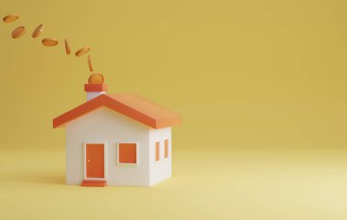 Sarı arka planda bacadan süzülen ev ve madeni para ikonu. Tasarruf ve Ev Kredisi Yatırımları. 3 Boyutlu resimleme