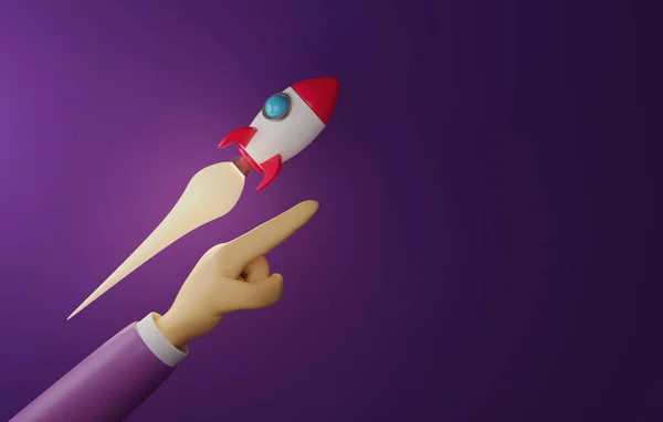 Businessman Hand Pointing Forward Rocket Taking Purple Background Starting Business —  Fotos de Stock