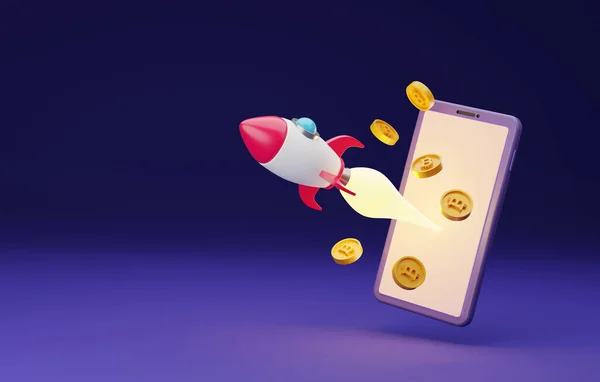 Rocket Flying Mobile Scattered Bitcoin Coins Financial Investment Business Investment — Stockfoto