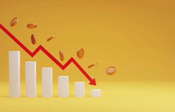 Red Arrow Graph Pointing Pile Coins Falling Declining Bar Graph — Fotografia de Stock