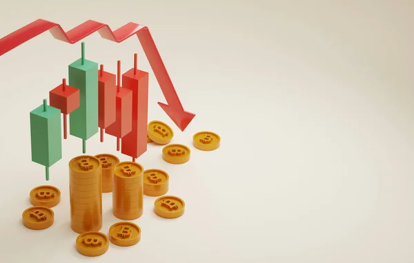 Seta Com Castiçal Vermelho Para Baixo Bitcoin Preço Moeda Declínio — Fotografia de Stock