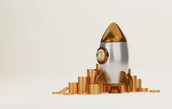 Golden Rocket Pile Gold Coins White Background Starting Successful Business — Zdjęcie stockowe