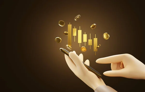 Hand Holding Smartphone Candlesticks Gold Coins Float Screen Buying Selling — Stock Fotó