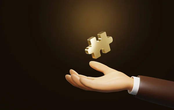 Golden puzzle on businessman\'s hand illuminated on dark brown background. Business success Invaluable Connected Solutions. 3D render illustration.