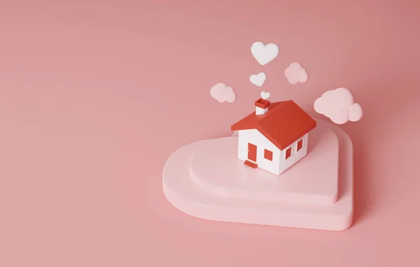 Orange Roof House Heart Icon Floating Out House Pink Background — Zdjęcie stockowe