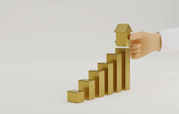Businessman Hand Holding Arrows Capping Growth Golden Ladder Bar Chart — Stockfoto