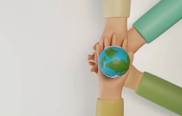 People's hands to support the world on white background. Concept of saving the environment helping to protect the world keep peace on green planet. 3D render illustration.