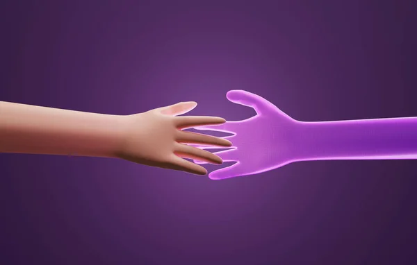 Hand in touch with hologram hand Virtual simulation in metaverse world, futuristic technology, digital world. dark purple background neon light. 3D render illustration.