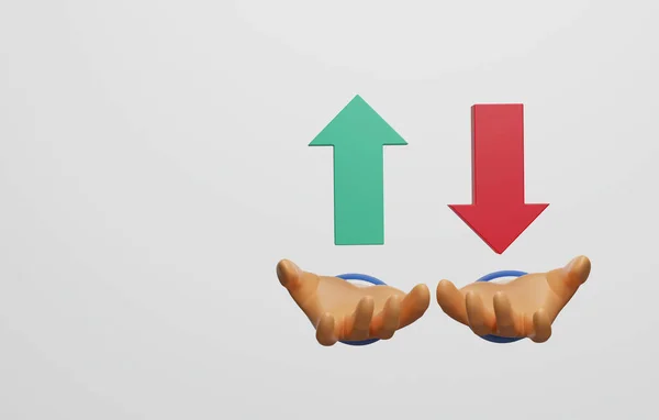 Fluctuation of stocks. Unstable up and down arrows about investment risk. Green arrow is pointing up and red arrow is down in the investor\'s hand. 3D render illustration.