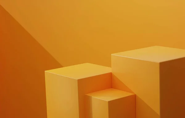 オレンジ色の背景に幾何学的オレンジ色の多角形の表彰台の棚 製品や広告スペースの表示に使用されます 3Dレンダリング図 — ストック写真