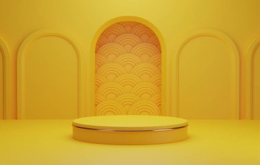 Çin Yeni Yılı Altın Sınır Sergi ve reklamlar için sarı soyut arka planda yarı daire kapılı ve Çin su dalgası desenli kaidesi. 3 Boyutlu resimleme