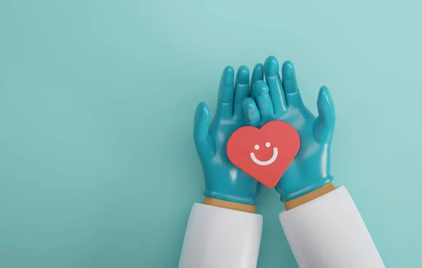 Läkare Bär Medicinska Handskar Som Håller Hjärtat Glatt Ansikte Ljusgrön — Stockfoto