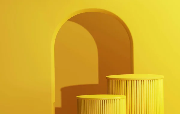 Pódio Redondo Com Portas Semicirculares Geométricas Fundo Abstrato Amarelo Para — Fotografia de Stock