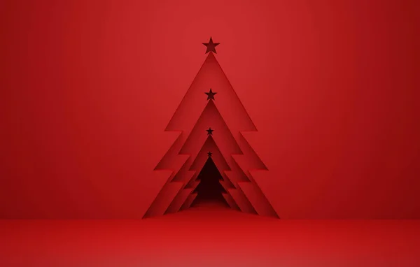 Kerstboom Deur Rode Abstracte Achtergrond Muur Tentoonstelling Reclame Ruimte Weergave — Stockfoto