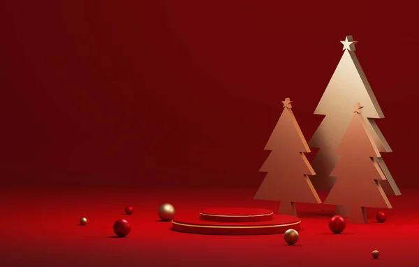 Yuvarlak taban podyumu, top altın ve kırmızı daire Noel için ağaç ve yeni yıl soyut arkaplanı. Sergi alanı ürün sunumu ve reklamı. 3 Boyutlu resimleme