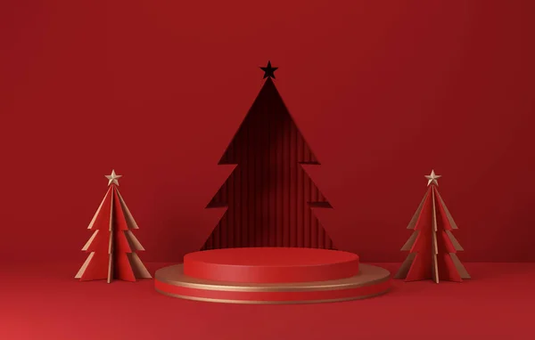 Yuvarlak taban podyumu, top altın ve kırmızı daire Noel için ağaç ve yeni yıl soyut arkaplanı. Sergi alanı ürün sunumu ve reklamı. 3 Boyutlu resimleme