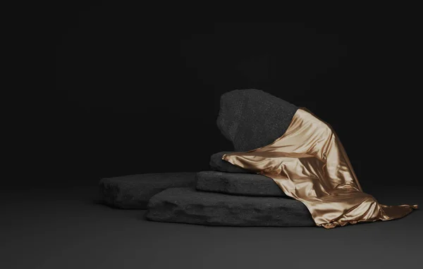 Kırık taş kamış, zarif bir siyah arka planda altın ipekle. Sergi alanı, stüdyo veya kozmetik ve reklam sahnesi. 3 Boyutlu resimleme