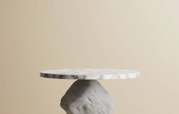 Φυσικό Μαρμάρινο Τραπέζι Στηρίζεται Μια Πέτρινη Βάση Μια Αφηρημένη Κρέμα — Φωτογραφία Αρχείου