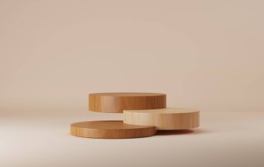 Geometrik daire çizgisi, doğal ışık ve koyu ahşap kaplamalı sergi ve kozmetik ürünler gösteren reklamlar için soyut arkaplan kremi üzerinde. 3 Boyutlu resimleme