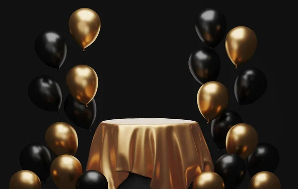 Rond Zwart Podium Met Gouden Zijde Luxe Versierd Met Goud — Stockfoto