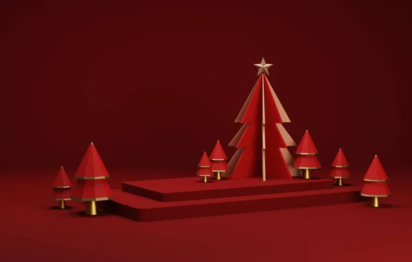 Podio Cerchio Albero Natale Bel Natale Capodanno Sfondo Rosso Studio — Foto Stock