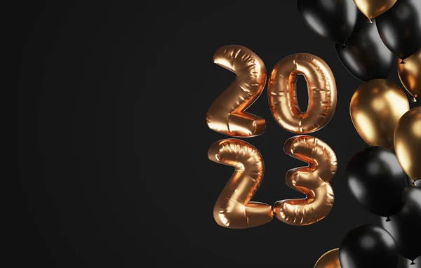 Gold, black, silver balloons with numbers 2023 gold foil on black background. Happy new year 2023 celebration greeting decoration. 3D render illustration.