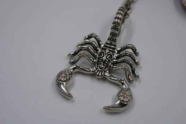 Large Silver Metallic Militant Figure Scorpion Located White Background Zodiac — Stock Photo, Image