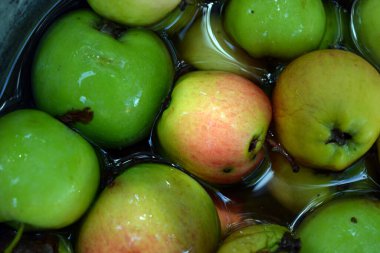 The first juicy small green apples with red, yellow, dark spots float in clear water. Young apples fell off the home apple tree in the month of August.