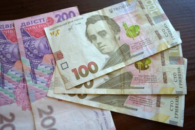 Bright, freshly printed money, large banknotes of 100 and 200 Ukrainian hryvnias. The money of Ukraine is located and laid out over the entire wooden surface.