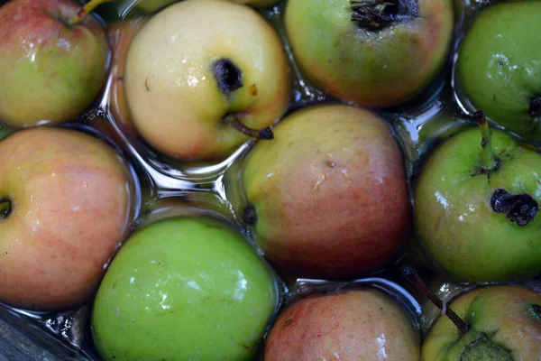 First Juicy Small Green Apples Red Yellow Dark Spots Float — Foto Stock