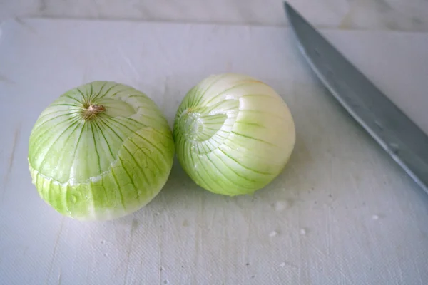 Large White Green Onion Utility Knife Black Handle Lie White — Fotografia de Stock