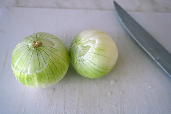 Large White Green Onion Utility Knife Black Handle Lie White — Foto de Stock