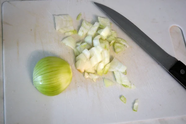 Large White Green Onion Utility Knife Black Handle Lie White — Stock fotografie