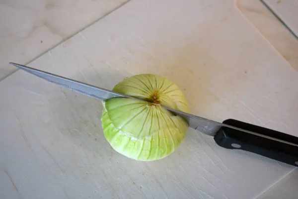 Large White Green Onion Utility Knife Black Handle Lie White — Foto de Stock