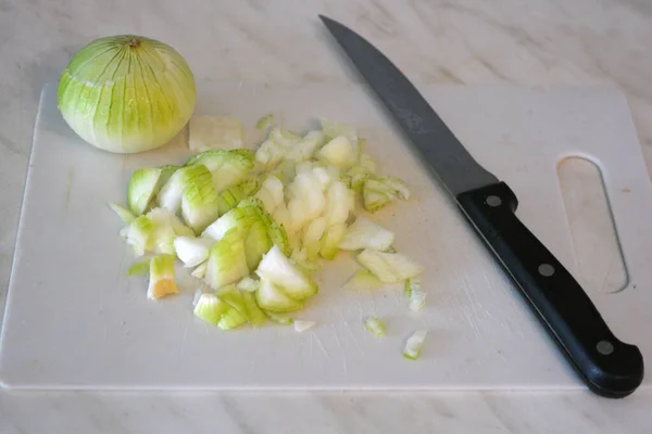 Large White Green Onion Utility Knife Black Handle Lie White — 스톡 사진