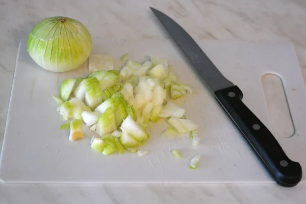 Large White Green Onion Utility Knife Black Handle Lie White — Foto de Stock