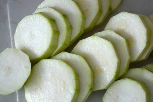 Healthy Food Vegetables Peeled Zucchini Cut Rings Cubes Located White — Fotografia de Stock