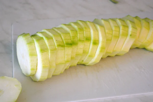 Healthy Food Vegetables Peeled Zucchini Cut Rings Cubes Located White — Foto de Stock