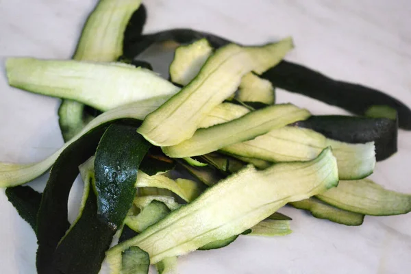 Healthy Food Cooking Products Vegetables Green Peelings Zucchini Skins Located — Fotografia de Stock
